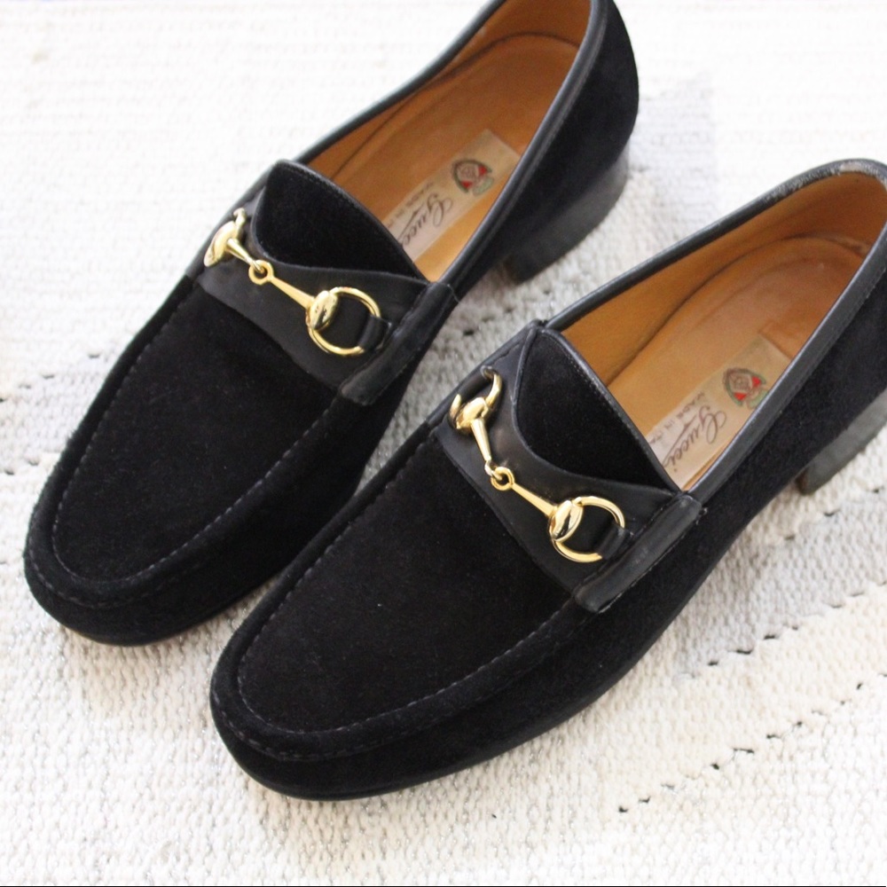 Gucci Suede Gold Buckle Loafers
